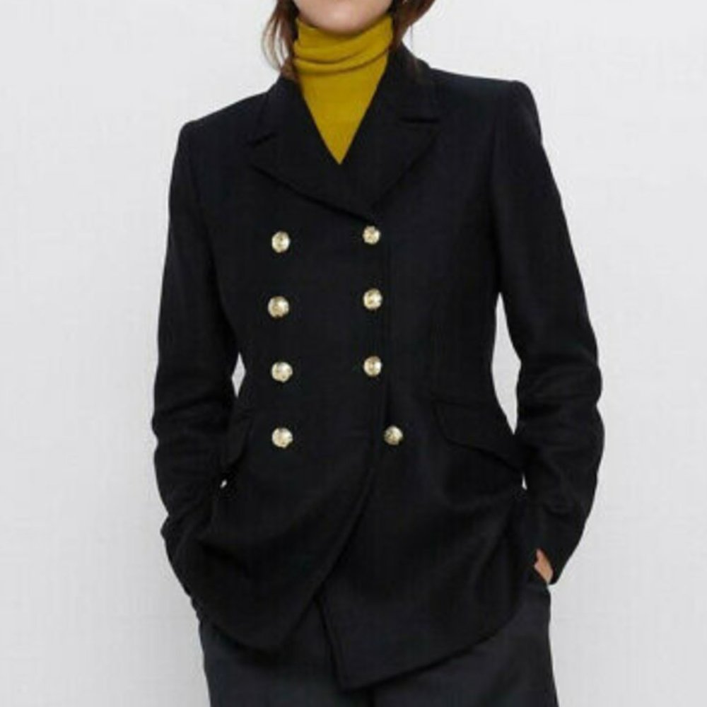 ZARA MANTECO WOOL BLACK AND GOLD BUTTON SHORT PEACOAT - Picture 10 of 11